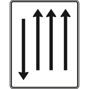 Fahrstreifentafel mit Gegenverkehr, 3-streifig in Fahrtrichtung und 1-streifig in Gegenrichtung - Verkehrszeichen VZ 522-37