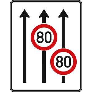 Fahrstreifentafel ohne Gegenverkehr, 3-streifig in Fahrtrichtung (mit VZ 274) - Verkehrszeichen VZ 523-31