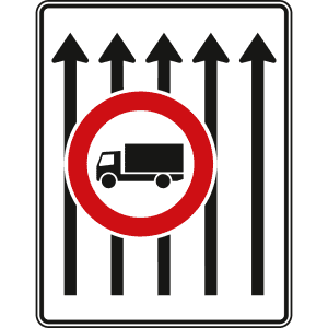 Fahrstreifentafel ohne Gegenverkehr, 5-streifig in Fahrtrichtung (mit VZ 253) - Verkehrszeichen VZ 524-33