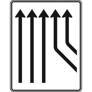 Zusammenführungstafel an durchgehender Strecke, 2-streifig einmündend plus 3-streifig durchgehend - Verkehrszeichen VZ 550-24