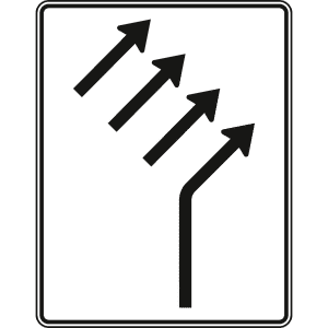 Zusammenführungstafel an einmündender Strecke, 1-streifig einmündend plus 3-streifig durchgehend - Verkehrszeichen VZ 551-24