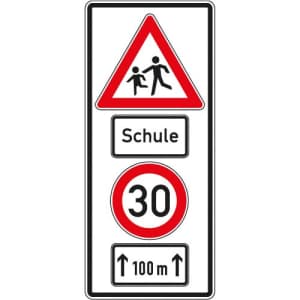 Warnschild Schule mit Geschwindigkeitsangabe