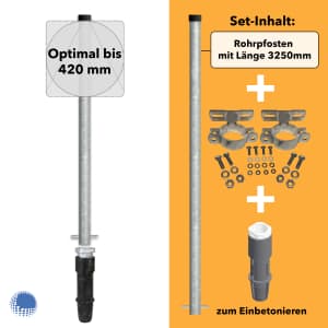 3250 mm Rohrpfosten Komplett-Set | 60,3 mm Rohrpfosten + 350 mm Bodenhülse + 2 x 70 mm Rohrschellen