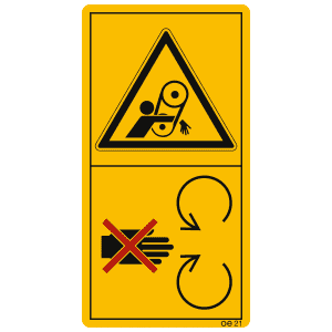 Maschinenschild Bei laufendem Motor niemals Schutzeinrichtungen öffnen oder entfernen