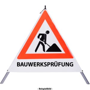 Faltsignal - Baustelle mit Text: BAUWERKSPRÜFUNG