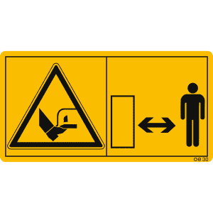 Maschinenschild Bei eingeschaltetem Antrieb und laufendem Traktormotor ausreichend Abstand zum Mähmesser halten