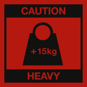 Transportetikett Caution Heavy + 15 kg