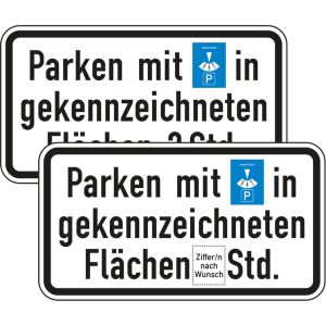 Parken mit Parkscheibe in gekennzeichneten Flächen 2 Stunden (Verkehrsschild Nr. 1040-33)
