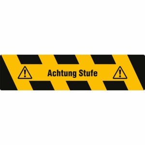 Antirutsch-Trittschutz mit gelb/schwarzer Warnmarkierung und Text