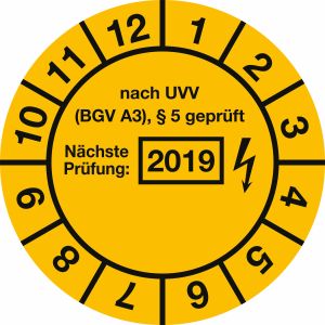 Prüfplaketten - nach UVV BGV A3, § 5 geprüft, Jahr 2019