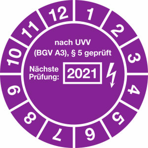 Prüfplaketten - nach UVV BGV A3, § 5 geprüft, Jahr 2021