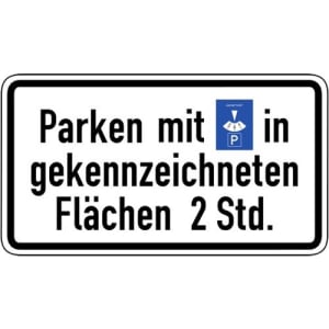 Parken mit Parkscheibe in gekennzeichneten Flächen 2 Stunden (Verkehrsschild Nr. 1040-33)