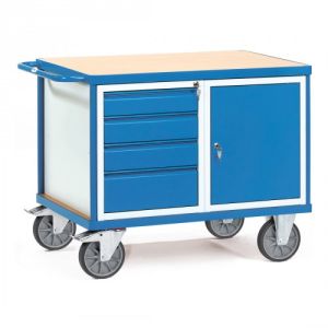 Schwerer Werkstattwagen / Tischwagen mit 1-türigem Schrank und 4 Schubladen - Tragkraft 600 kg