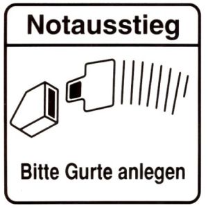 Piktogramm - Notausstieg / Bitte Gurte anlegen
