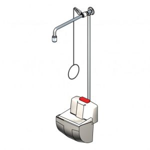 Notdusche mit Zugstange und Gesichts-/Augendusche mit Auffangbecken und Abdeckung (Wandmontage Aufputz)