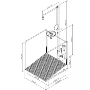 Notdusche mit Zugstange und Augendusche mit Auffangbecken und umliegendem Schutzkorb