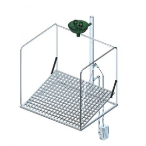 Frostsichere Augendusche mit Auffangbecken und umliegendem Schutzkorb - Unterflurauslösung