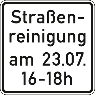 Straßenreinigung (mit Zeit- und Datumgsangabe) - Verkehrsschild VZ 1042-50