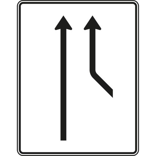 Zusammenführungstafel an durchgehender Strecke, 1-streifig einmündend plus 1-streifig durchgehend (Verkehrszeichen Nr. 550-20)