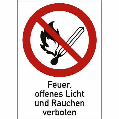 Kombischild Feuer, offenes Licht, Rauchen verboten - Verbotszeichen mit