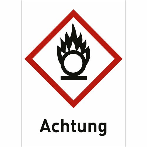 Flamme über Kreis mit Text: Achtung (GHS 03)