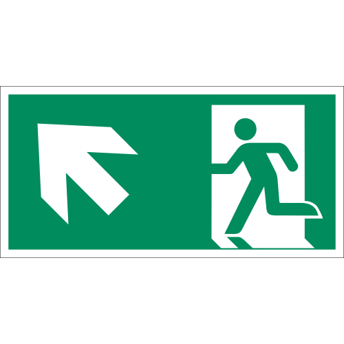 Rettungsweg links aufwärts nach ISO 7010 (E 001), ISO 3864, ISO 16069
