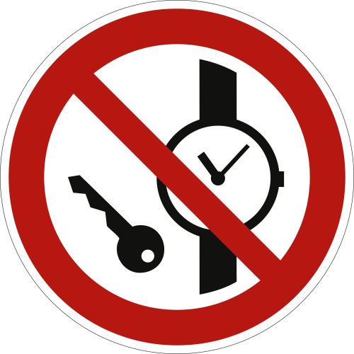Mitführen von Metallteilen und Uhren verboten nach ISO 7010 (P 008)