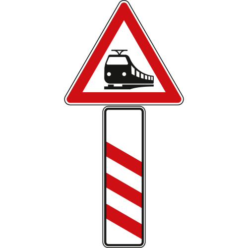 Bahnübergang mit dreistreifiger Bake, Aufstellung links - Verkehrsschild VZ 156-20