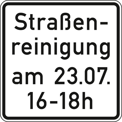 Straßenreinigung (mit Zeit- und Datumsangabe) - Verkehrsschild VZ 1042-50