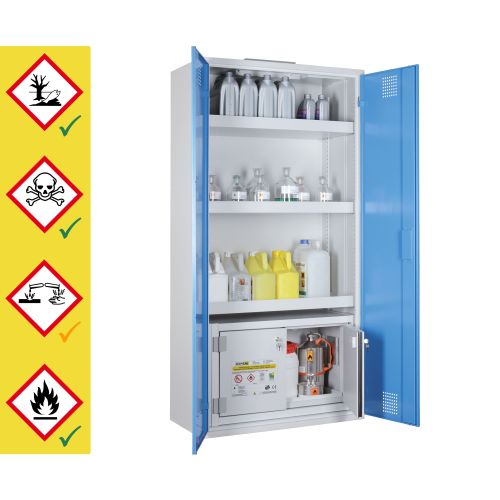 Chemikalien- & Giftschrank mit F90-Sicherheitsbox | für brennbare Flüssigkeiten | storeLAB