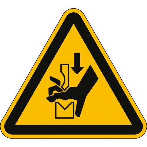 Warnung vor Quetschgefahr der Hand zwischen den Werkzeugen einer Presse nach ISO 7010 (W 030)