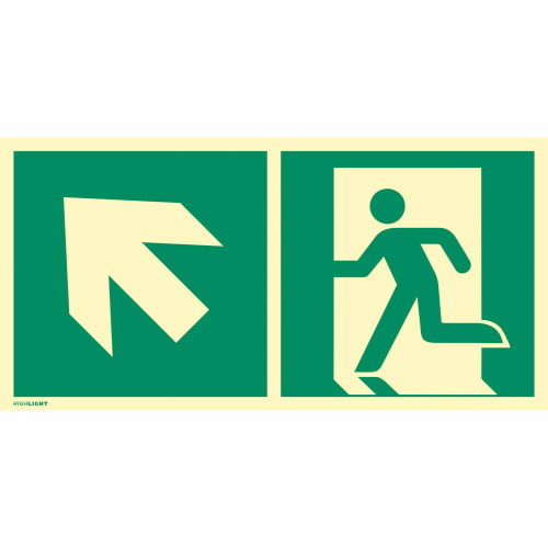Kombischild Notausgang links aufwärts nach ISO 7010 (E 001), ISO 3864, ISO 16069