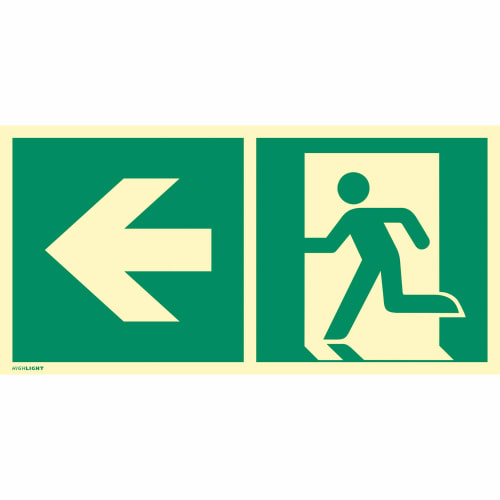 Kombischild Notausgang links nach ISO 7010 (E 001), ISO 3864, ISO 16069