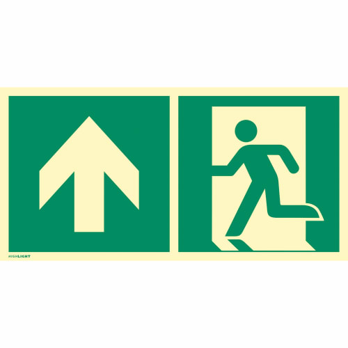 Kombischild Notausgang nach oben (Pfeil links) nach ISO 7010 (E 001), ISO 3864, ISO 16069