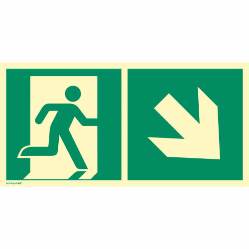 Kombischild Notausgang rechts abwärts nach ISO 7010 (E 001), ISO 3864, ISO 16069