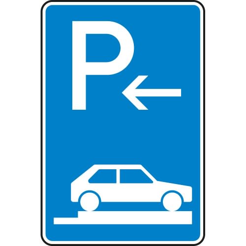 Parken auf Gehwegen ganz quer zur Fahrtrichtung rechts, Anfang - Verkehrsschild VZ 315-86