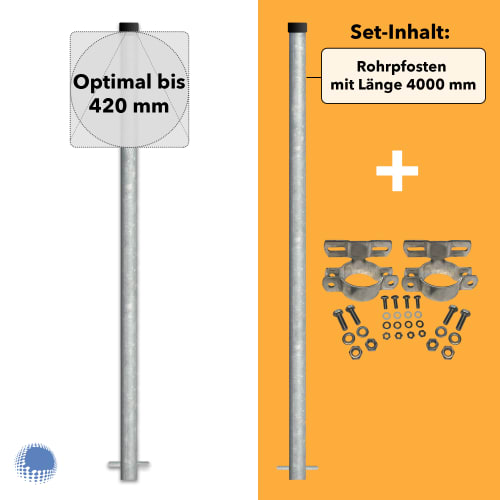 4000 mm Rohrpfosten Komplett-Set | 60,3 mm Rohrpfosten + 2 x 70 mm Rohrschellen
