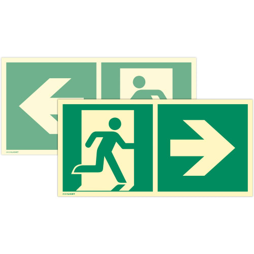 Kombischild Notausgang links/rechts, doppelseitig nach ISO 7010 (E 001), ISO 3864, ISO 16069