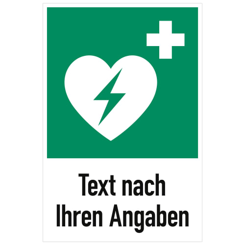 Automatisierter externer Defibrillator (ISO 7010) mit Text nach Ihren Angaben