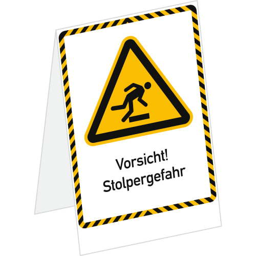 Aufsteller Facilis mit Beschriftung Vorsicht Stolpergefahr, Piktogramm und Text