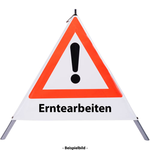 Faltsignal - Gefahrenstelle mit Text: Erntearbeiten