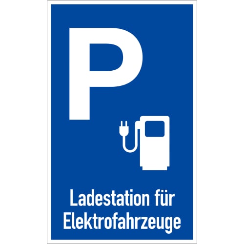 Parkplatzschild P mit Symbol 'E-Ladesäule' und Text