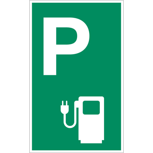 Parkplatzschild P mit Symbol 'E-Ladesäule' (grüner Grund)