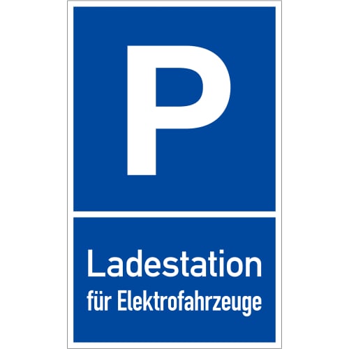 Parkplatzschild P, Ladestation für Elektrofahrzeuge mit Text