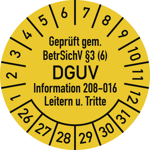 Prüfplaketten - Geprüft gem. BetrSichV §3 (6) DGUV Information 208-016