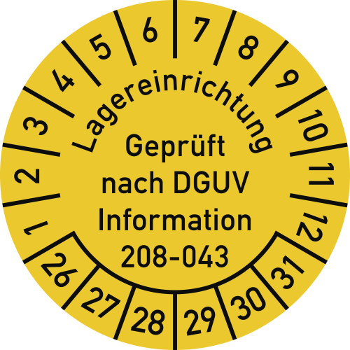 Prüfplakette - Lagereinrichtung Geprüft nach DGUV Information 208-043