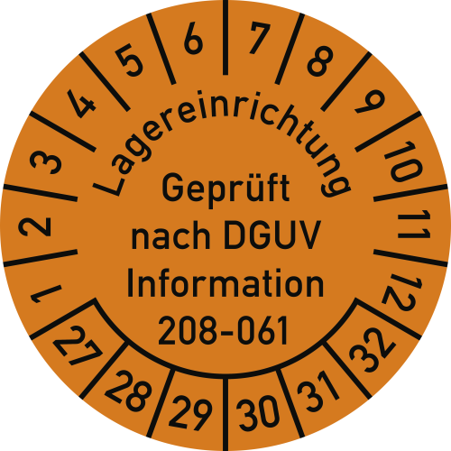 Prüfplakette - Lagereinrichtung Geprüft nach DGUV Information 208-061