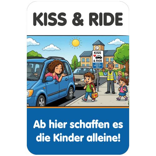 Schulwegschild Kiss & Ride im Comicstil