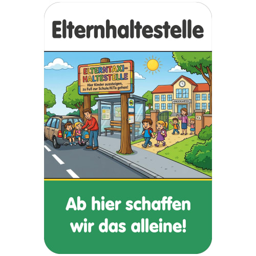 Schulwegschild Elternhaltestelle im Comicstil