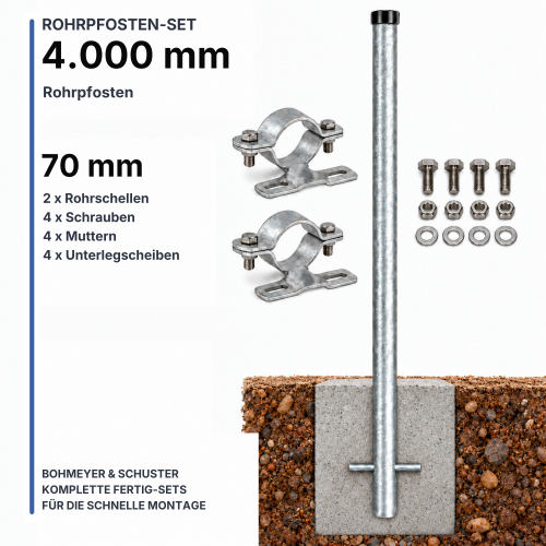 4000 mm Rohrpfosten Komplett-Set | 60,3 mm Rohrpfosten + 2 x 70 mm Rohrschellen